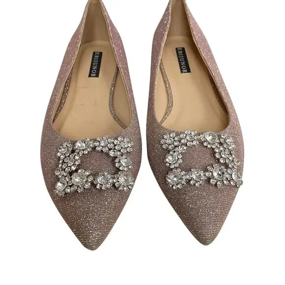 Erijunor Sparkly Ballet Flats Pink Silver Hangisi Embellished Glitter Pointed 7 - Picture 4 of 10